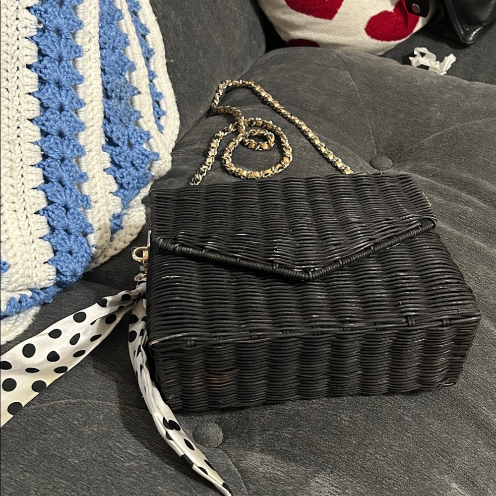 Zara Wicker Picnic Crossbody Bag & Polka Dot Scarf